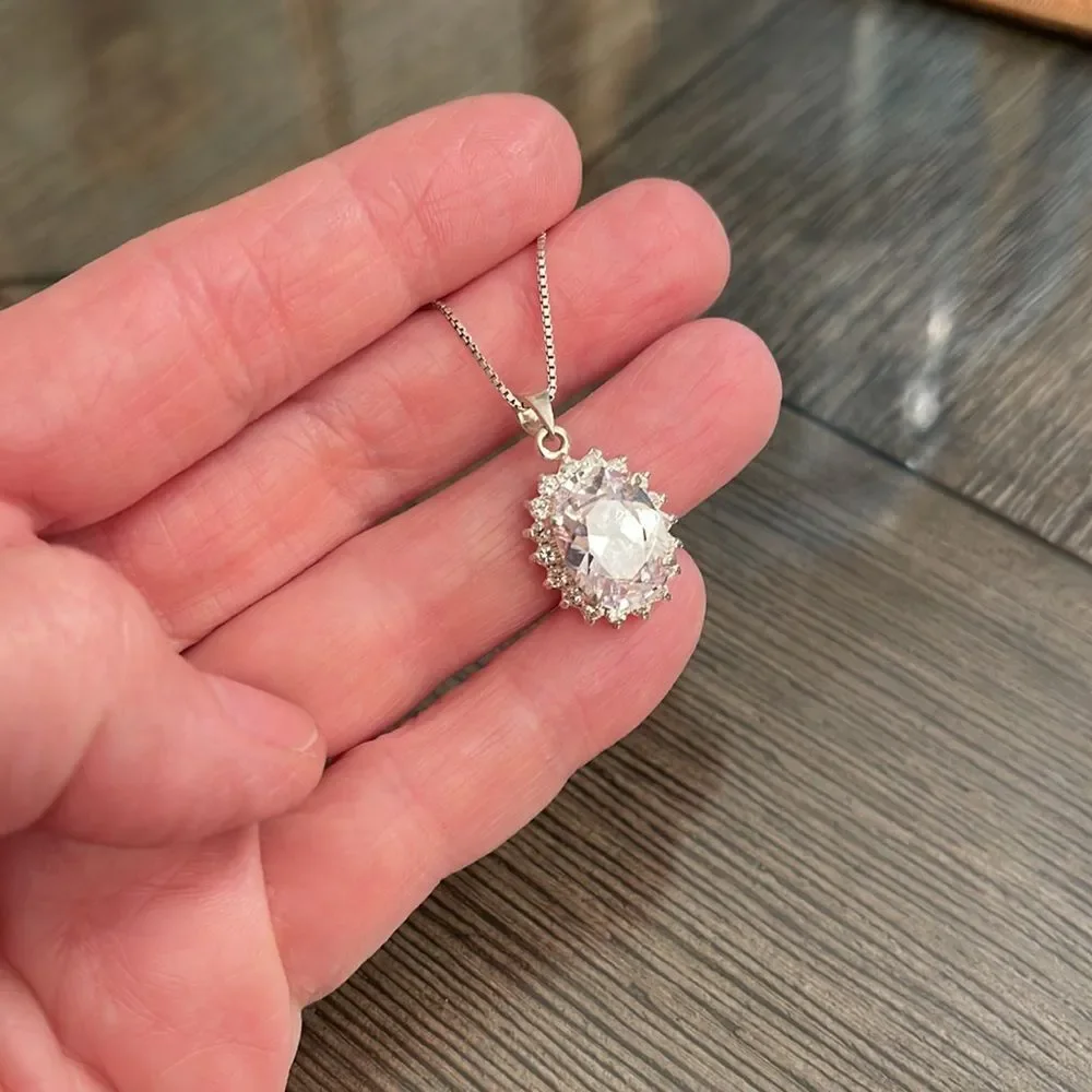 Vintage Oval Halo CZ Pendant with Sterling Silver Box Chain